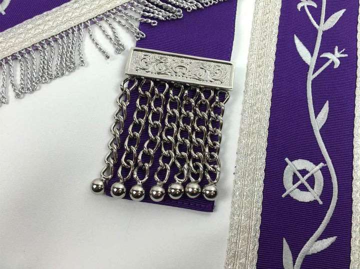 Past Master Blue Lodge Apron - White & Purple with Silver Machine Embroidery - Image 3