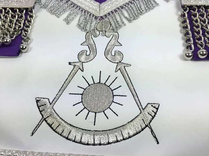 Past Master Blue Lodge Apron - White & Purple with Silver Machine Embroidery - Image 4