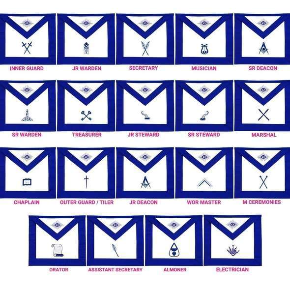 Officers Blue Lodge Officer Apron Set - Blue Ribbon Machine Embroidery (Set of 19)