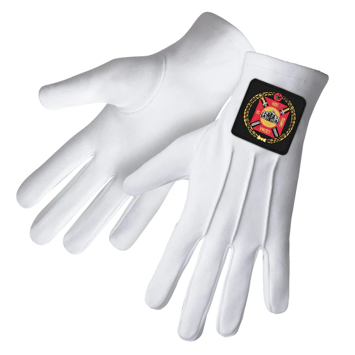 Knights Templar Commandery Gloves - White Cotton with Red & Black Emblem Front and Back