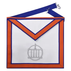 Installed Worthy Master St. Lawrence the Martyr AMD Apron - Blue & Orange Borders with Silver Gridiron