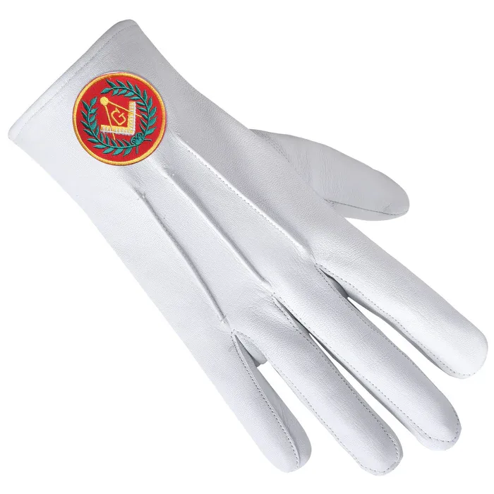 Master Mason Blue Lodge Gloves - Leather with Red Patch & Wreath Front