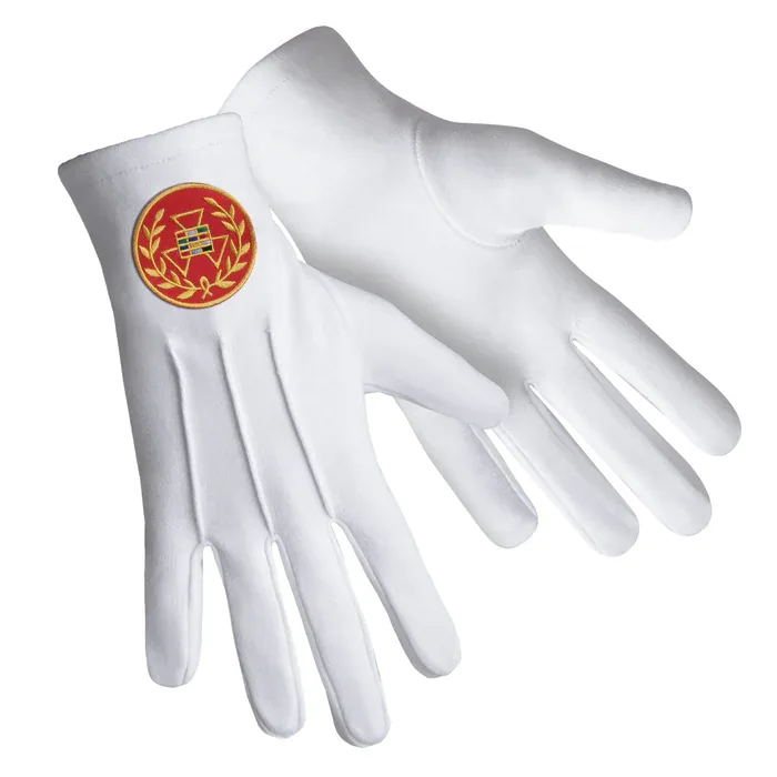 Past Grand High Priest Royal Arch Chapter Gloves - Pure Cotton with Red Patch & Wreath Front and Back