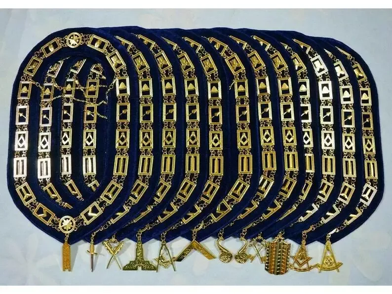 Masonic Regalia Blue Lodge Chain Collar Set - Golden Officer Jewels (12 Pcs)